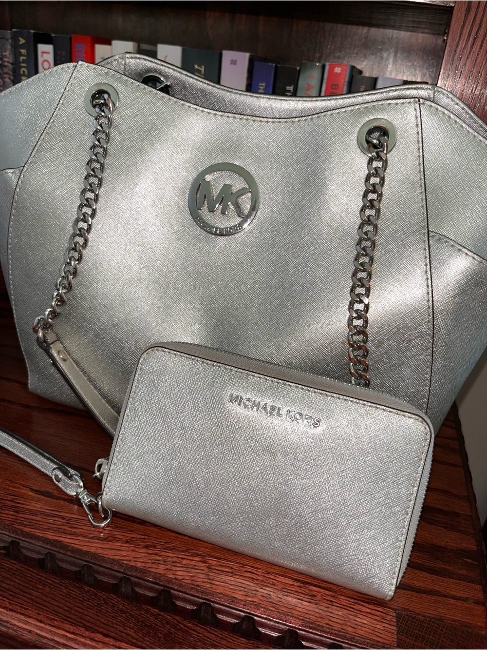 Michael Kors Silver Metallic Purse with Matching Wallet
